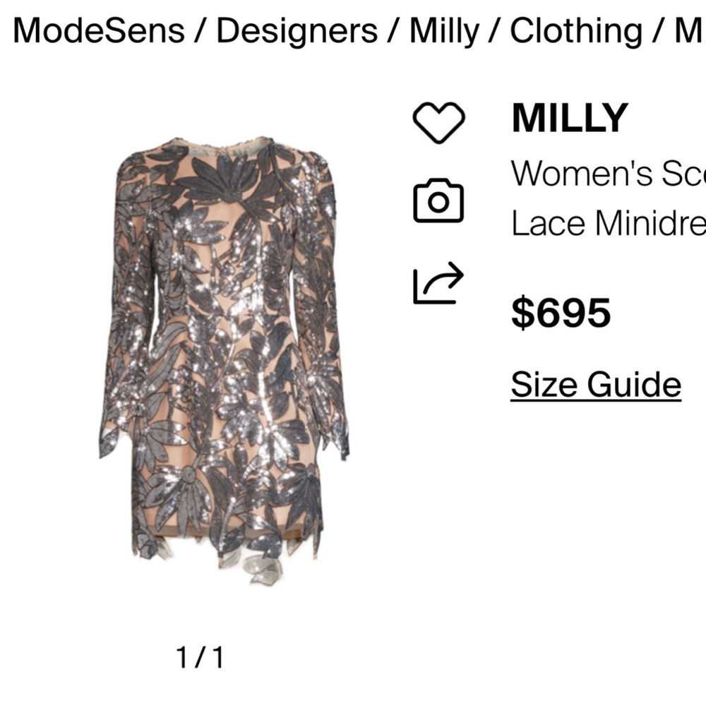 Milly Scottie silver sequin floral lace Mini dress